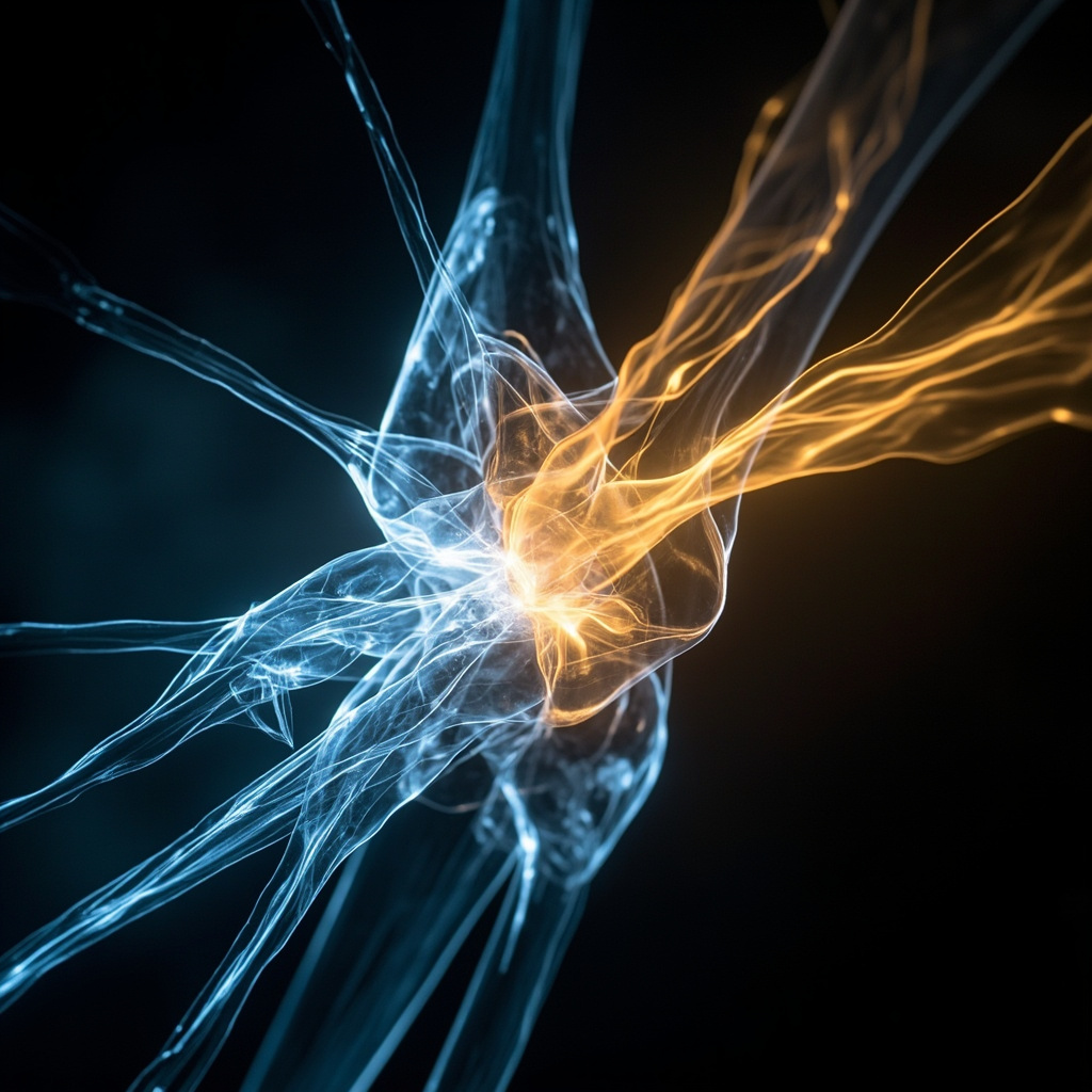 A serene, abstract visualization of glowing, fluid energy lines moving through human joint structures, transitioning from a rigid, jagged blue to a smooth, flowing golden light.