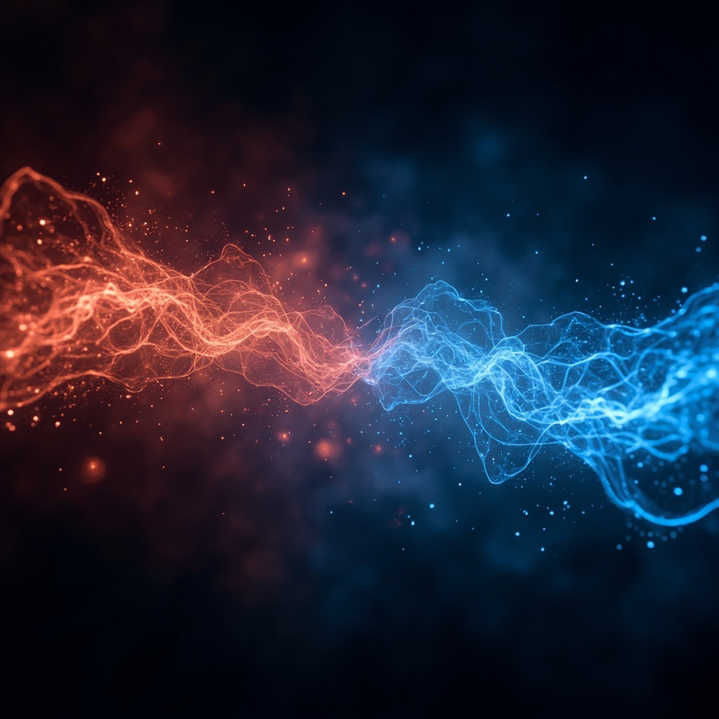 A serene, abstract visualization of a glowing, balanced neural network transitioning from a chaotic jagged red light to a smooth, flowing blue light, symbolizing the shift from stress to calm.