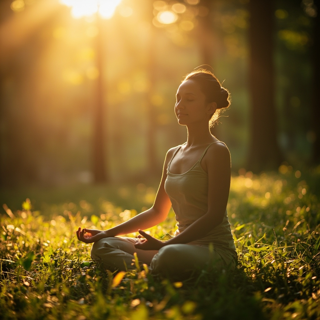 A calming, high-quality image of a person sitting in a peaceful, natural environment with soft, warm lighting, reflecting inner peace and skin comfort.