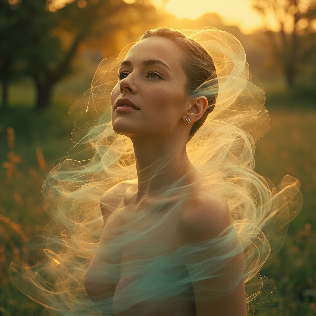 A high-quality, calming image showing a person in a peaceful, natural environment, with soft light and geometric, abstract waves of energy gently surrounding them, symbolizing internal harmony and skin comfort.