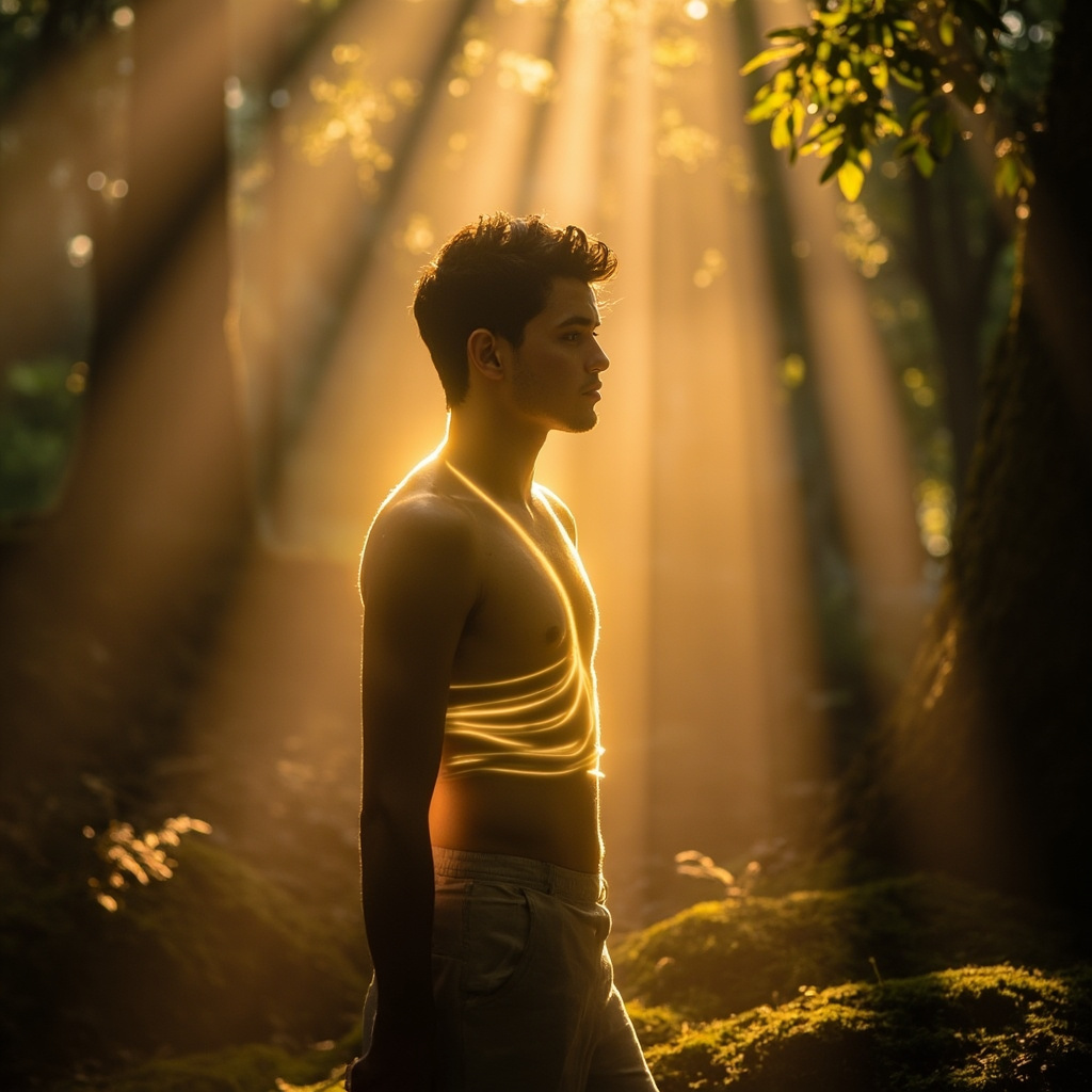 A high-quality, calming image showing a person in a serene, natural environment, with soft, glowing lines of light tracing the shoulders and abdomen, symbolizing the release of tension and the restoration of energy flow.