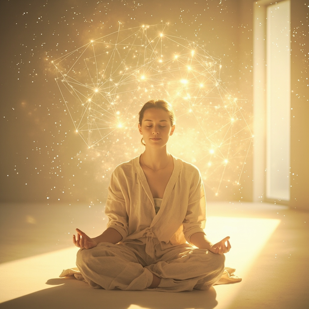 A calming image of a person sitting in a serene, bright room, with soft, glowing geometric light patterns subtly integrated into the air around them to represent energy fields.