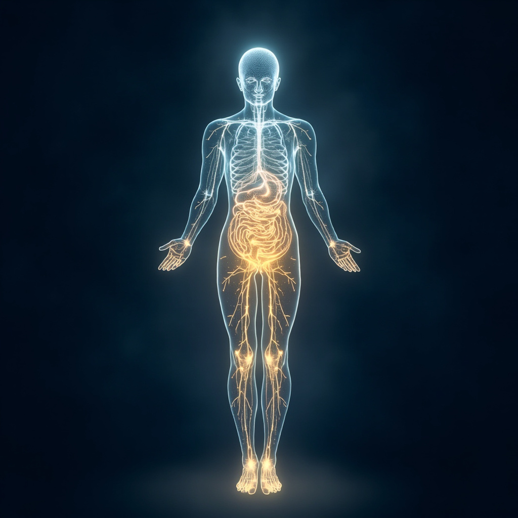 A soft, artistic illustration showing a glowing, gentle human silhouette with interconnected light pathways representing the nervous and digestive systems in a state of harmonious balance.