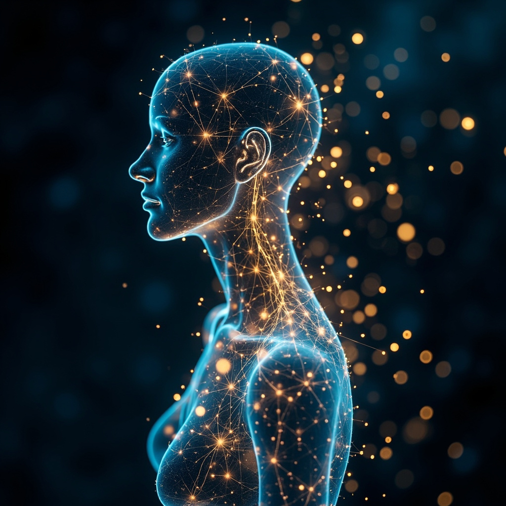 A serene, abstract digital art piece showing glowing, interconnected light nodes representing the human nervous system and energy meridians, soft blue and golden tones, professional and calming.
