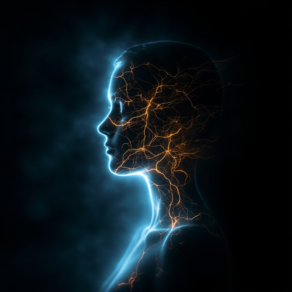 A serene, abstract visualization of glowing, interconnected electrical energy pathways flowing through a human silhouette, soft blue and golden light tones, high quality, meditative atmosphere.