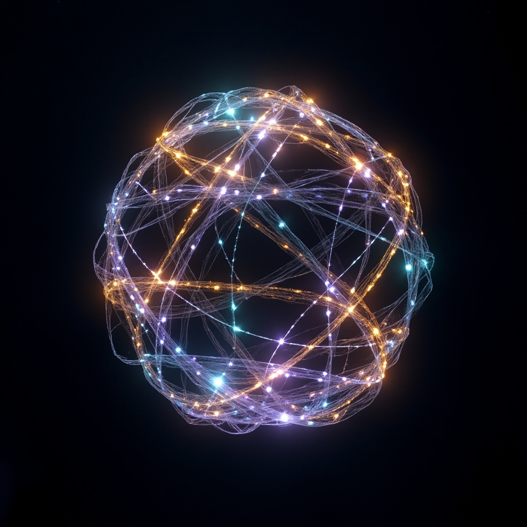 A serene, abstract visualization of glowing, interconnected light patterns forming a balanced, harmonious sphere in a calm, dark environment.
