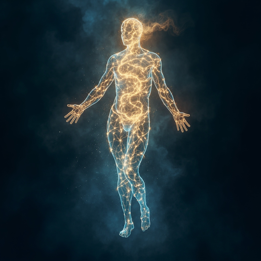 A serene, abstract visualization of glowing, interconnected energy pathways in a human silhouette, blending calm blue tones with soft, warm golden light to represent harmony and balance.