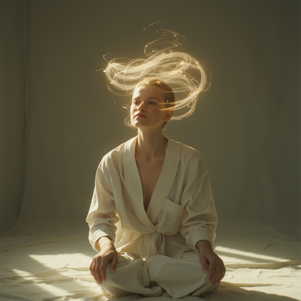 A serene, minimalist image of a person sitting in a quiet, softly lit room, with light patterns suggesting harmonious energy flow around the head and neck area.