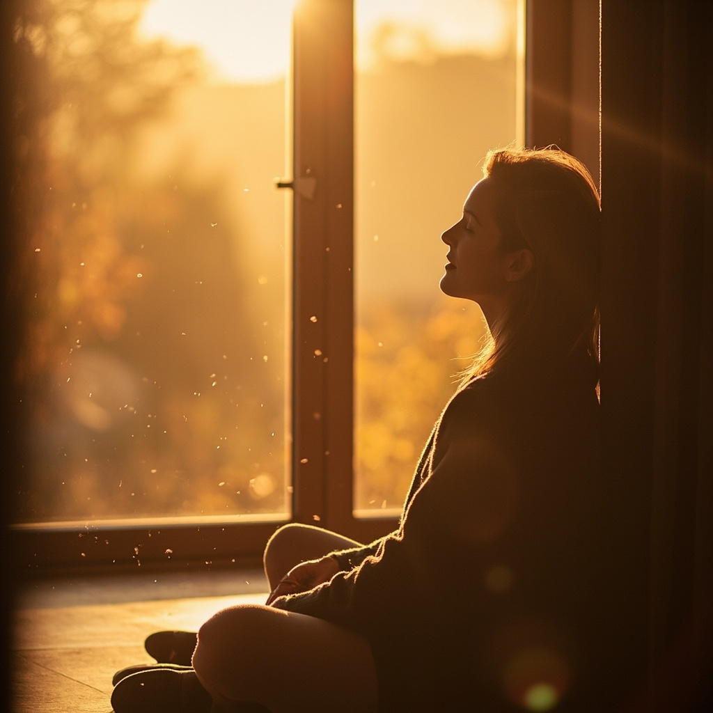 A high-quality, professional photograph of a person sitting peacefully near a window with soft, warm sunlight streaming in, highlighting a sense of calm, warmth, and seasonal transition.