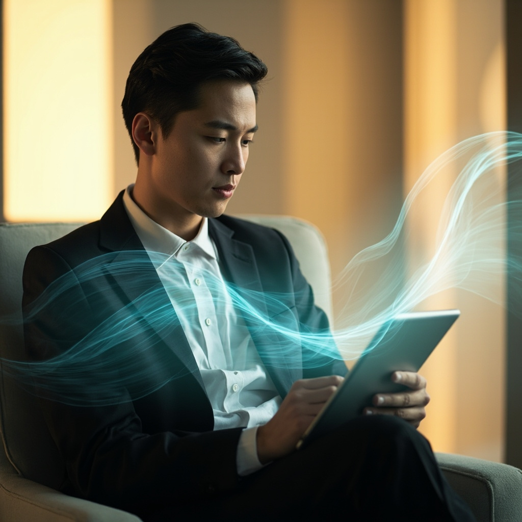 A high-quality, calm, and professional image of a person sitting in a comfortable, bright space, looking focused but relaxed while interacting with a tablet that displays soft, glowing, abstract wave patterns representing energy flow.