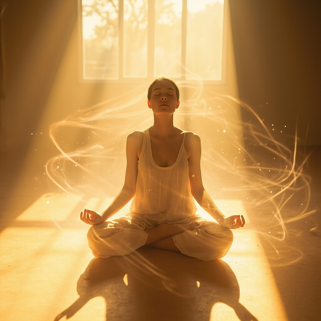 A professional, calming image of a person sitting in a quiet, sunlit room, focusing on mindful relaxation, with subtle, ethereal light waves representing internal energy flow.