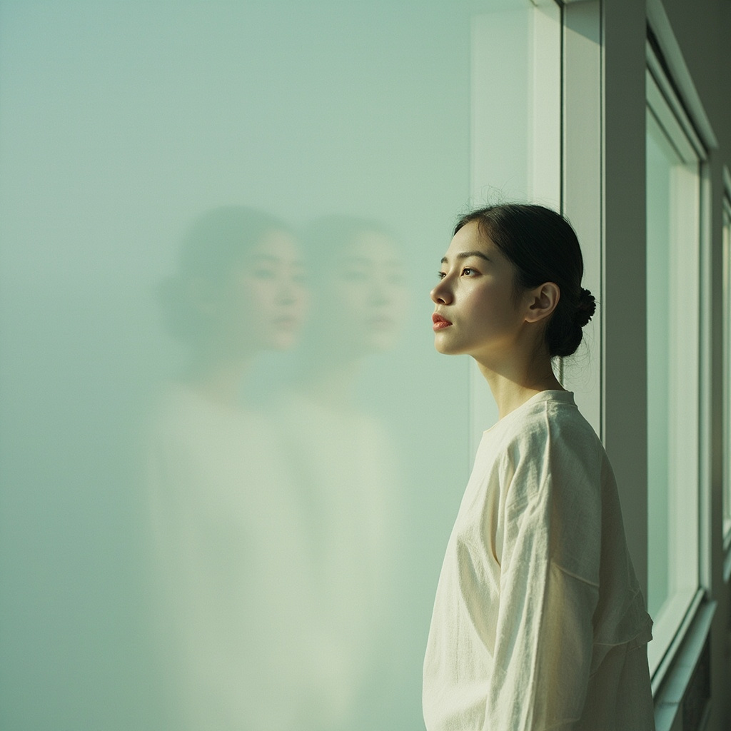 A high-quality, professional photograph of a person looking out of a window with a soft, natural light, symbolizing clarity and reflection, minimalist style.