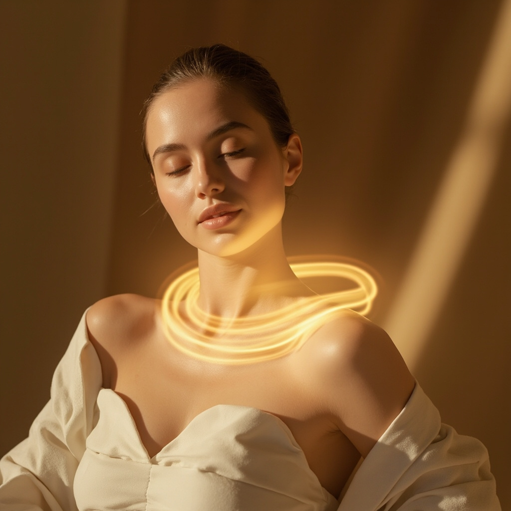 A high-quality, calm, and professional image of a person sitting in a relaxed posture, with a soft light glowing around the neck and shoulder area, symbolizing energy balance and relief.