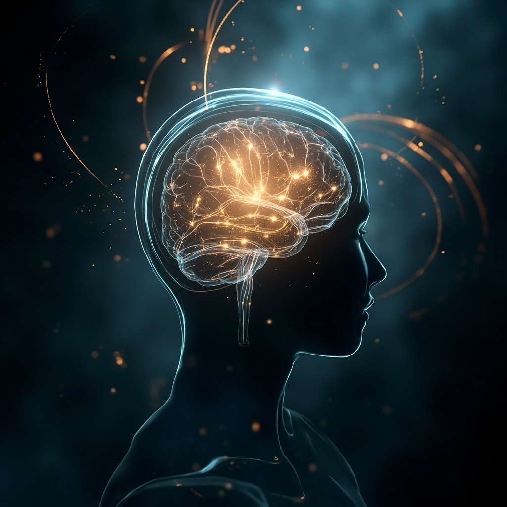 A high-quality, professional image of a glowing, translucent human brain silhouette with soft, harmonious light pulses emanating from the frontal lobe area, set against a calming, dark blue and gold background.