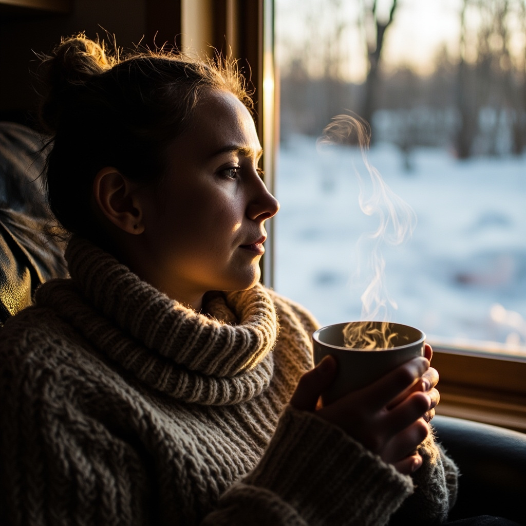 A serene, high-quality image of a person sitting in a cozy, soft-lit room holding a cup of tea, looking out at a winter landscape, reflecting a sense of inner peace and renewed vitality.