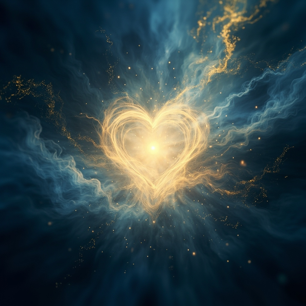 A serene, abstract representation of a glowing heart-shaped light pulsing gently in the center of a calm, soft-focus blue and gold energy field.