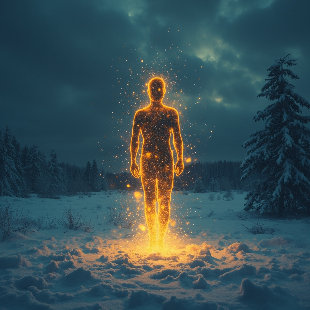 A serene, artistic representation of a glowing human silhouette surrounded by soft, warm golden light, contrasting against a cool, blue-toned winter landscape, emphasizing internal vitality and warmth.