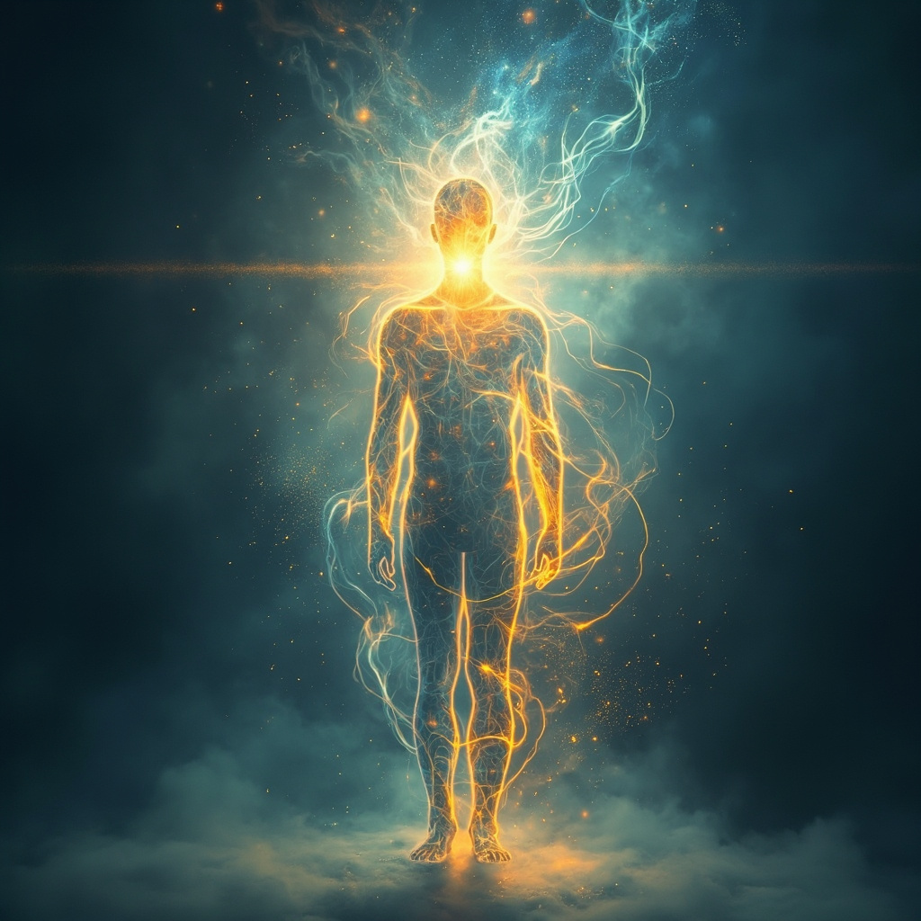 A serene, abstract representation of light and energy converging in the center of a human silhouette, soft blue and golden tones, high quality, meditative atmosphere.