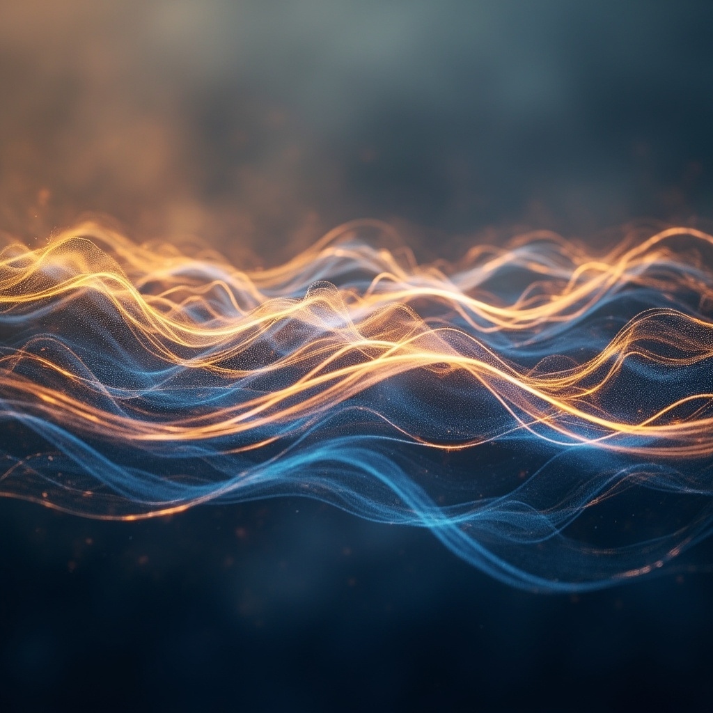 A serene, abstract digital representation of flowing golden-blue electrical currents forming a balanced, harmonious wave pattern against a soft, calming background.