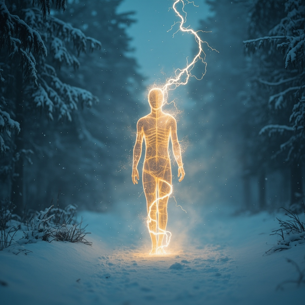 A serene, artistic representation of a glowing inner light within a person during a soft, blue-toned winter landscape, emphasizing harmony and electrical energy flow.