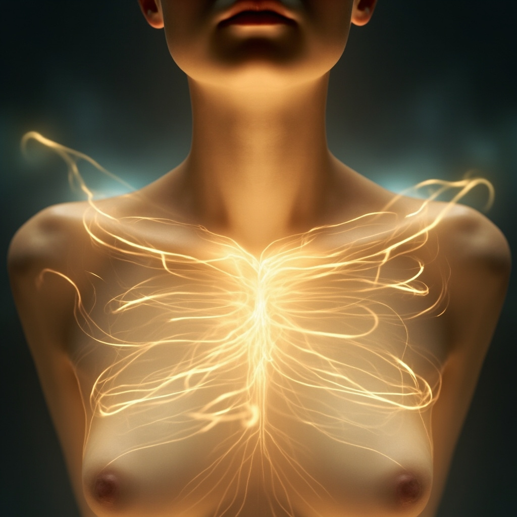 A serene, artistic representation of a soft, glowing human chest area with ethereal light patterns resembling breath, emphasizing the connection between the physical body and energy flow.