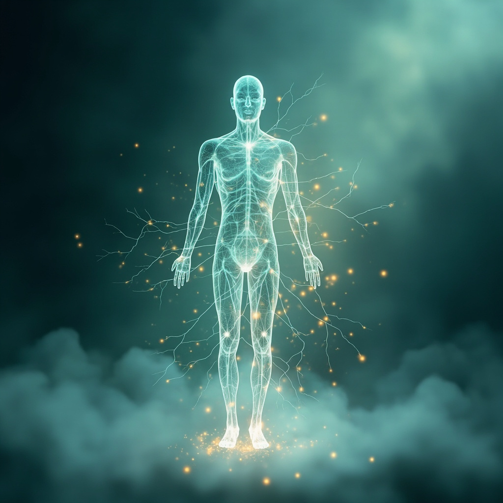 A serene, abstract representation of a human silhouette connected to soft, glowing energy pathways, symbolizing the link between mind, immune system, and environmental balance, professional and calming aesthetic.