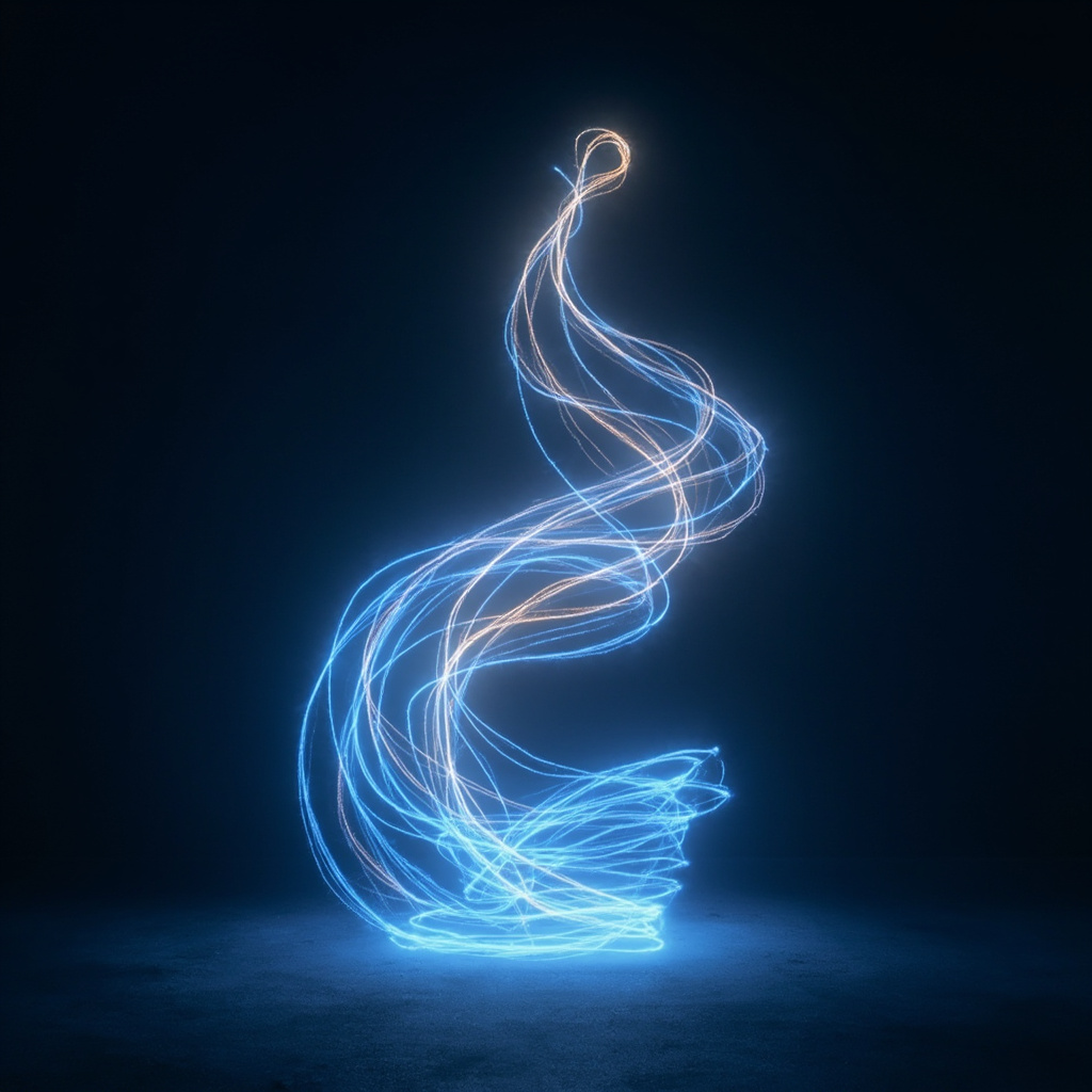A serene, abstract representation of flowing light patterns forming a harmonious, balanced human silhouette, soft blue and gold tones, high resolution, minimalist style.