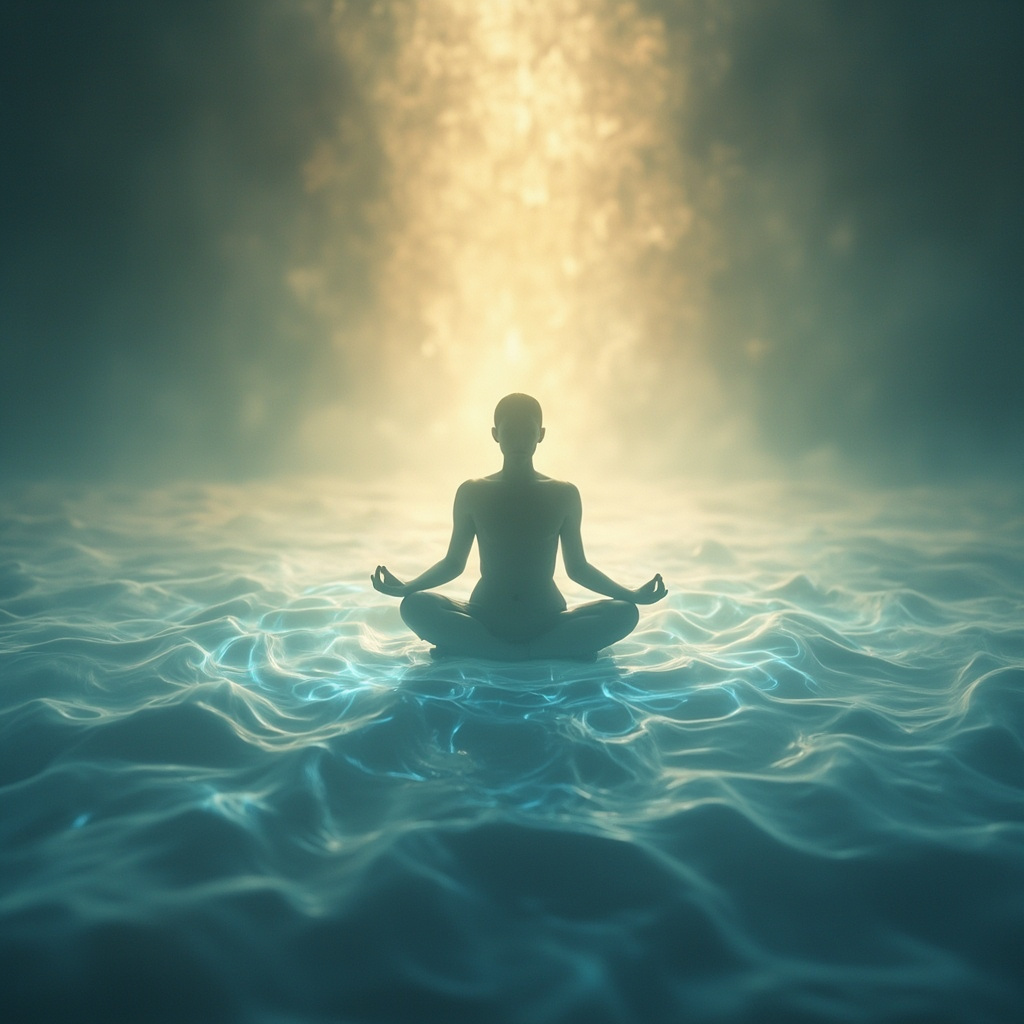 A serene, abstract representation of a person sitting in a quiet, glowing space, with soft light waves harmonizing around them, symbolizing the transition from hesitation to clarity.