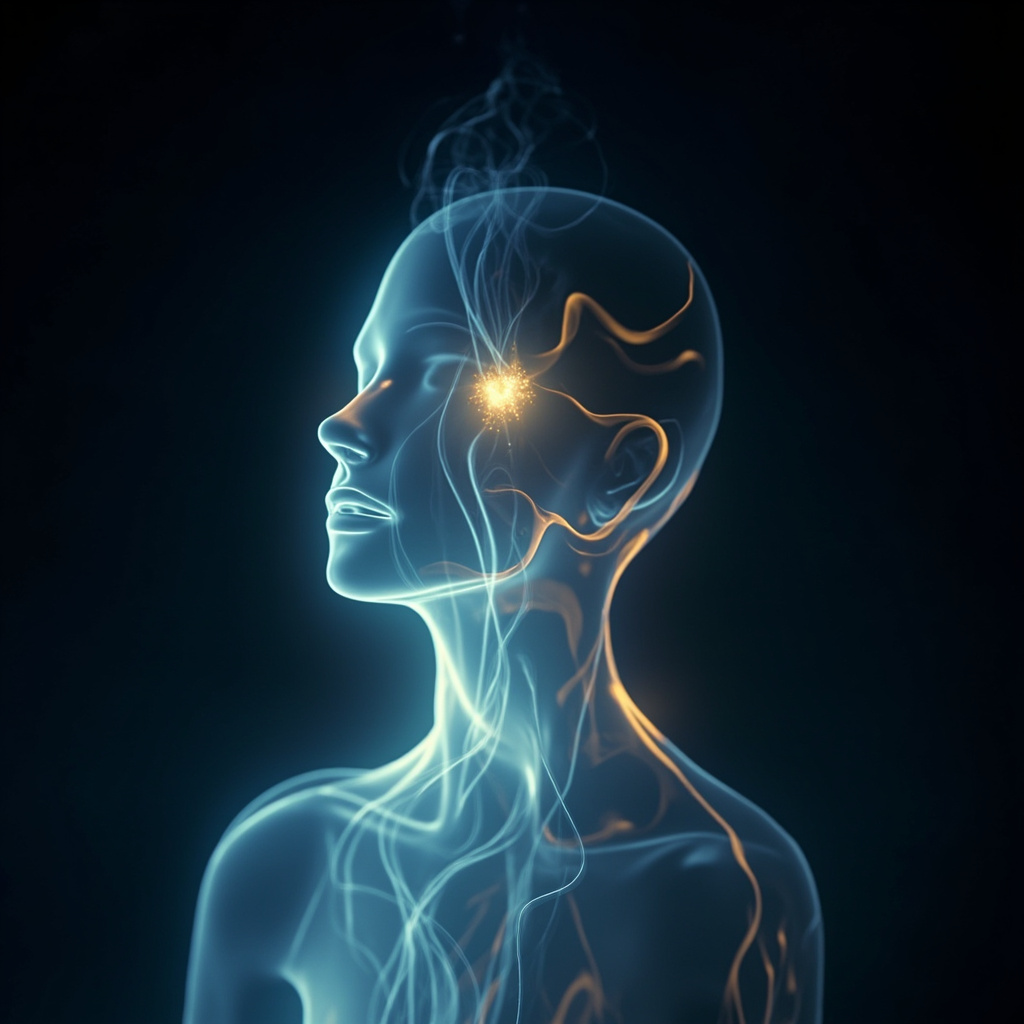 A serene, abstract representation of light and sound waves gently flowing through a human silhouette, highlighting the sinus area with soft, calming blue and golden hues, illustrating the concept of energy clearing.