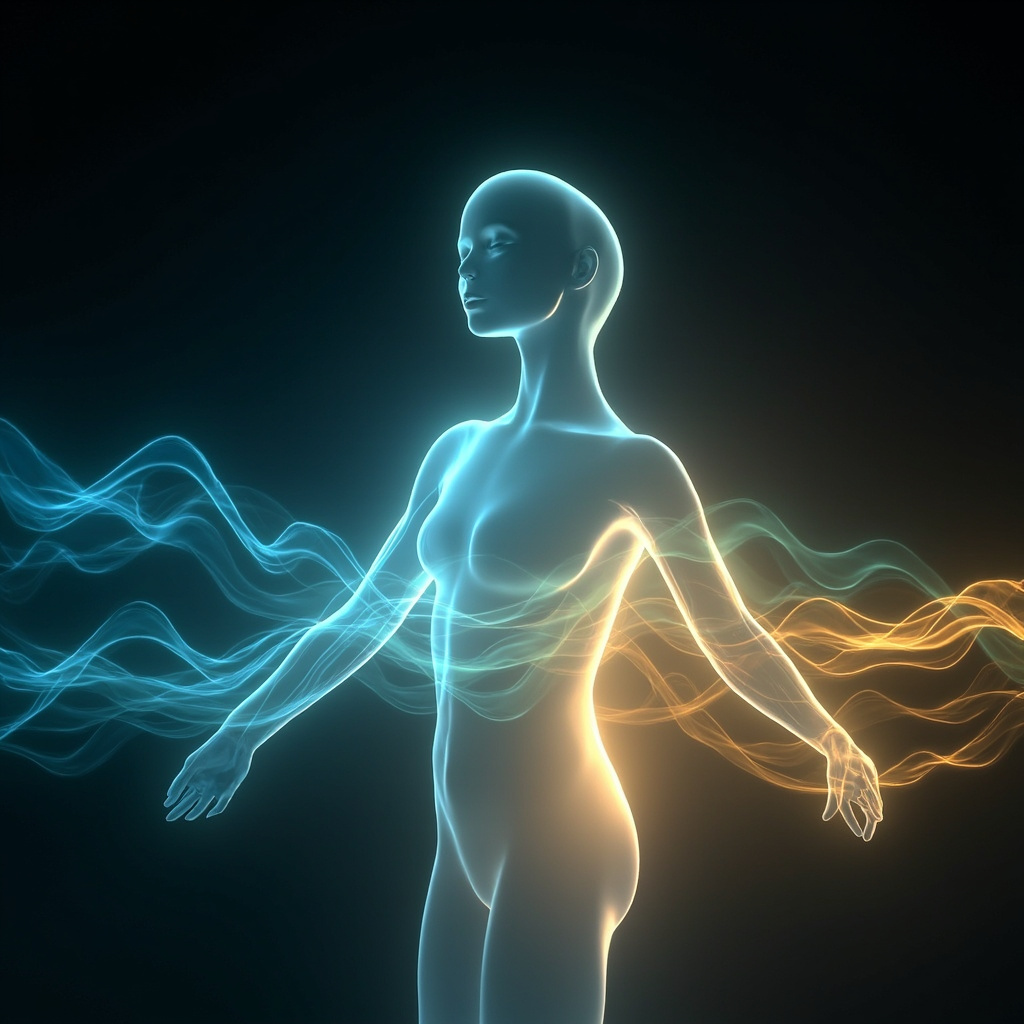 A serene, abstract representation of light waves harmonizing with a human silhouette, illustrating the concept of energetic balance and internal clarity.