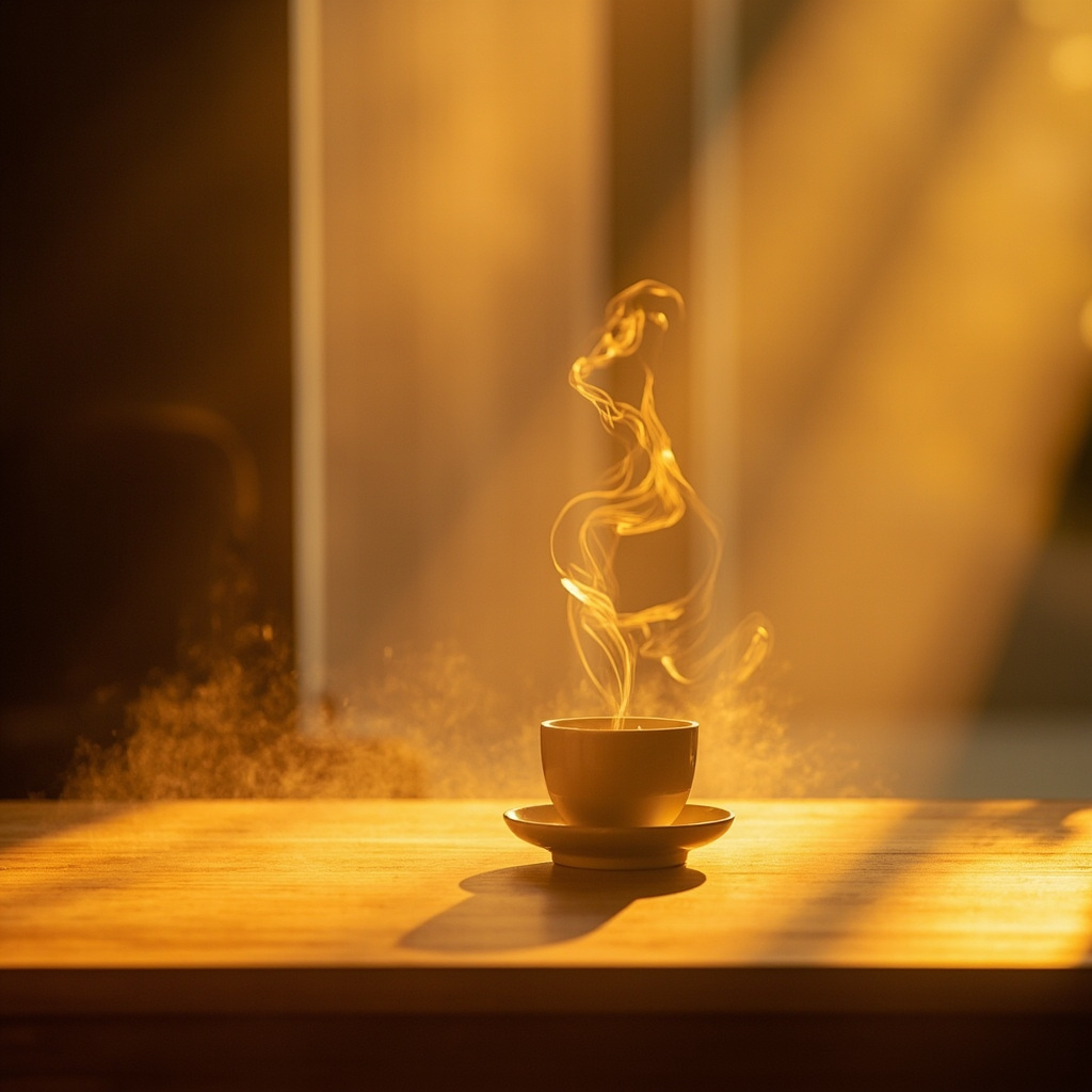 A cozy, minimalist interior scene with soft, warm golden lighting, a steaming cup of herbal tea on a wooden table, and a gentle, abstract representation of light energy weaving through the air, peaceful and inviting atmosphere.