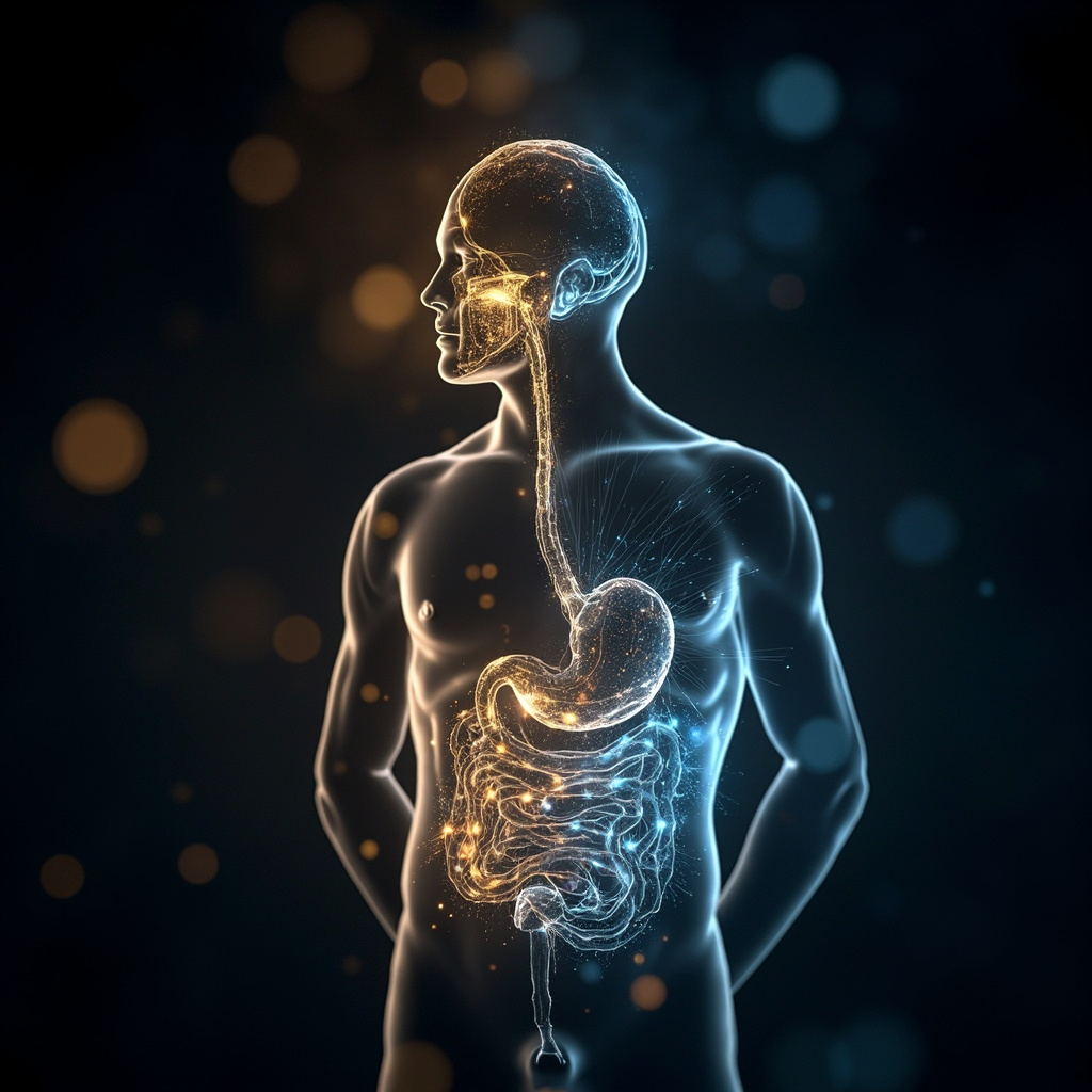 A serene, abstract representation of the human gut-brain axis, showing soft glowing light frequencies connecting the stomach area to the mind, calm blue and warm gold color palette, high quality, professional photography style.