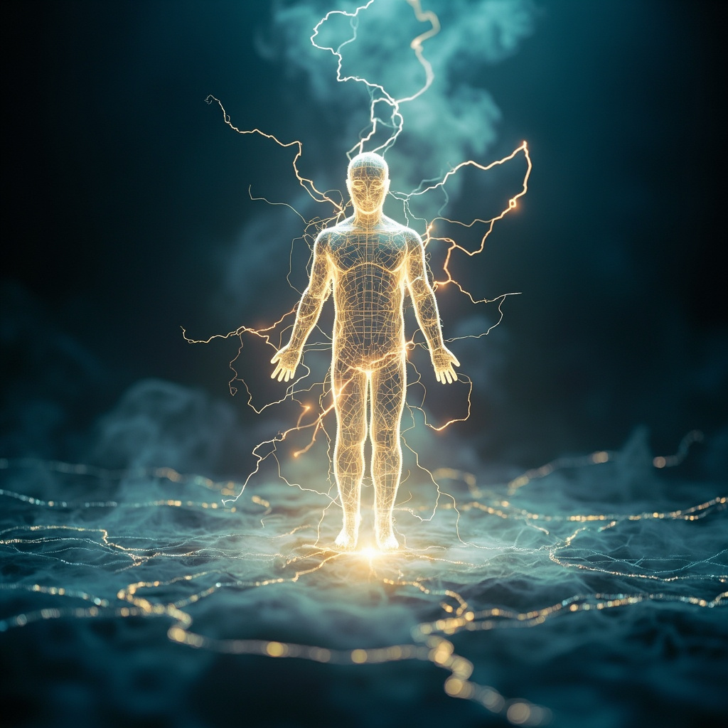 A serene, abstract representation of the gut-brain axis, showing soft glowing light pathways connecting the digestive system to the mind, peaceful atmosphere, high quality, professional photography style.