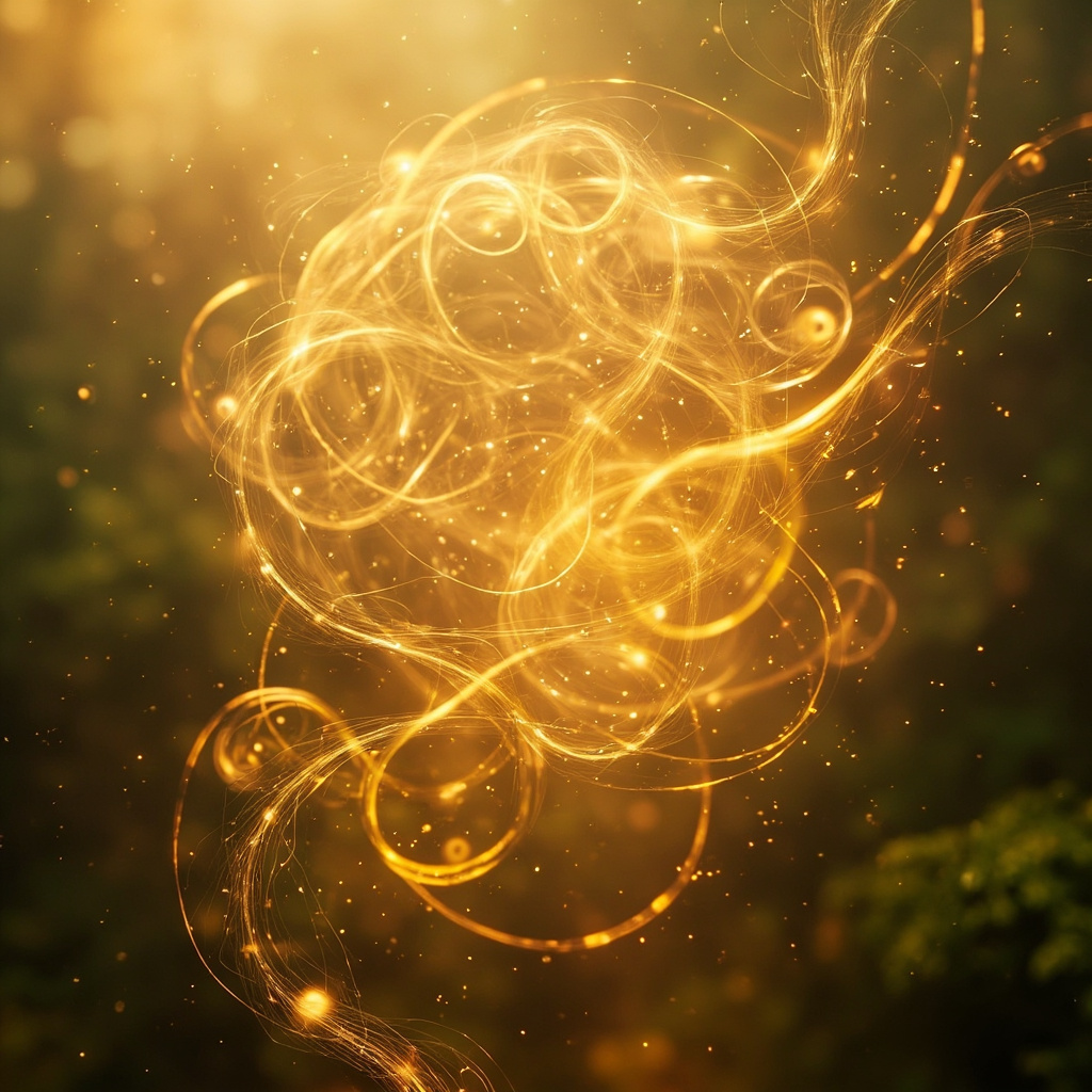 A serene, abstract representation of a calm mind connected to nature, with soft, flowing golden light patterns, professional, high-resolution.