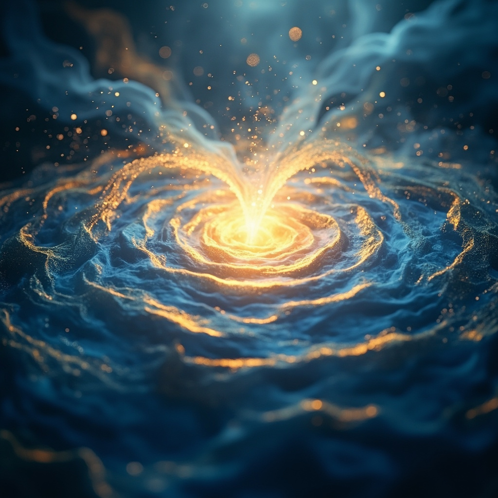 A serene, abstract representation of a glowing, rhythmic heart center with soft, flowing light patterns in calming blue and gold tones, representing emotional balance and inner peace.