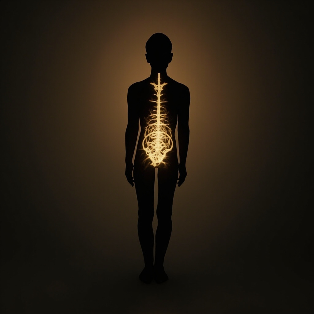 A serene, artistic representation of a human silhouette with subtle, glowing golden light patterns representing the vital organs and energy flow, minimalist and professional style.