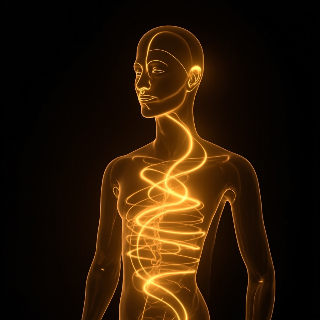 A serene, abstract representation of a glowing, balanced human silhouette with soft, flowing golden light patterns representing harmonious energy flow throughout the digestive area.