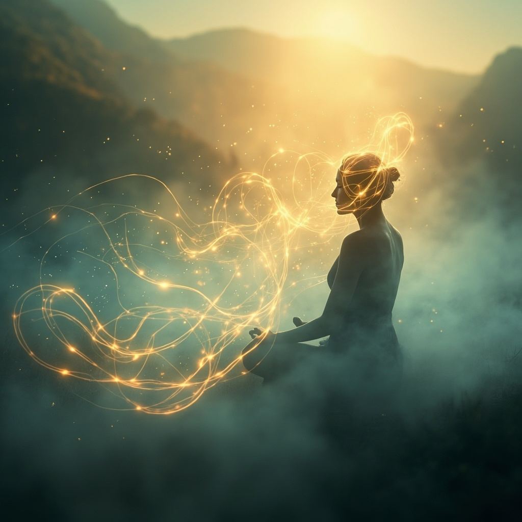 A serene, artistic representation of a human silhouette in harmony with nature, featuring soft flowing lines of light that symbolize energetic balance and internal clarity.