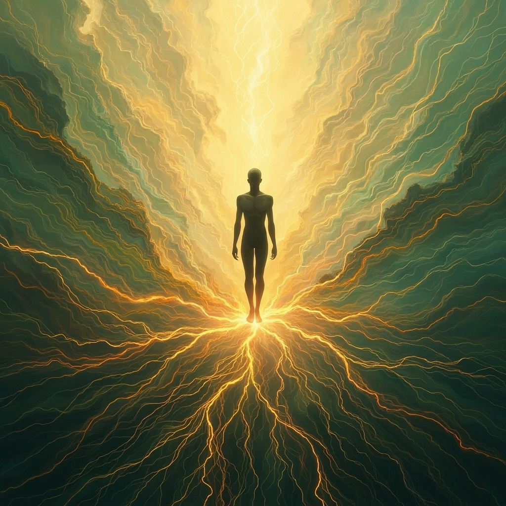 A serene, abstract representation of a human silhouette finding balance amidst gentle, flowing Earth-based energy lines and harmonious light patterns.