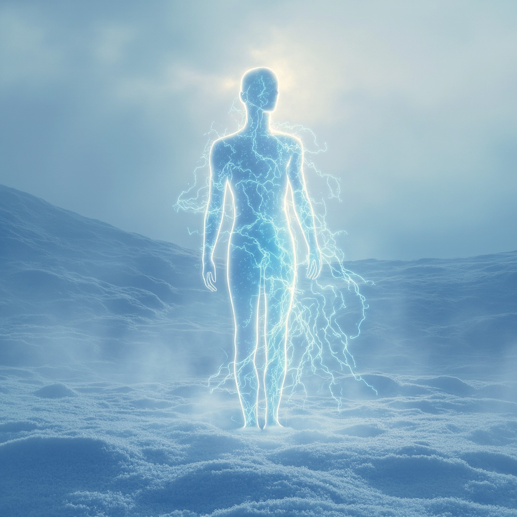 A serene, artistic representation of a human silhouette with soft, glowing light patterns flowing through energy pathways, set against a gentle, wintry-toned landscape.
