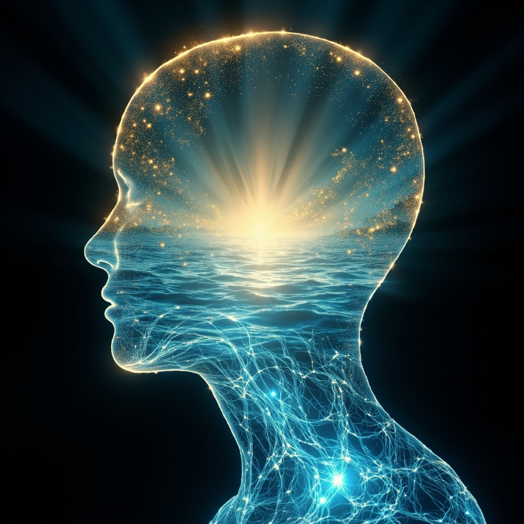 A serene, abstract representation of a glowing, peaceful oasis inside a human silhouette, with soft blue and gold light ripples, high quality, meditative atmosphere.