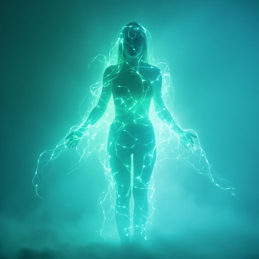 A serene, abstract representation of a human silhouette with soft, glowing energy pathways flowing through the body, balanced with calming blue and green tones, minimalist style.