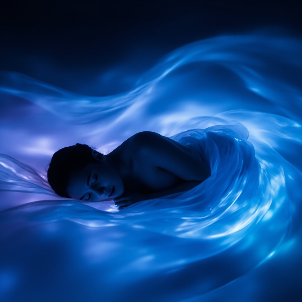 A serene, abstract representation of soft blue and violet light waves gently flowing over a silhouette of a person in a peaceful sleeping posture, high resolution, calming atmosphere.