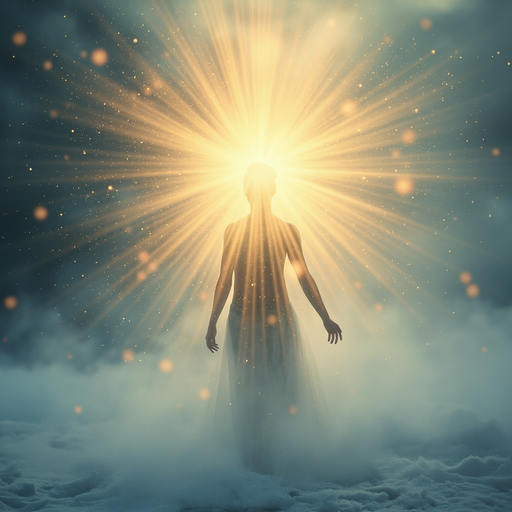 A serene, abstract representation of warm golden light radiating from the center of a human silhouette, surrounded by soft, cool-toned winter aesthetics.
