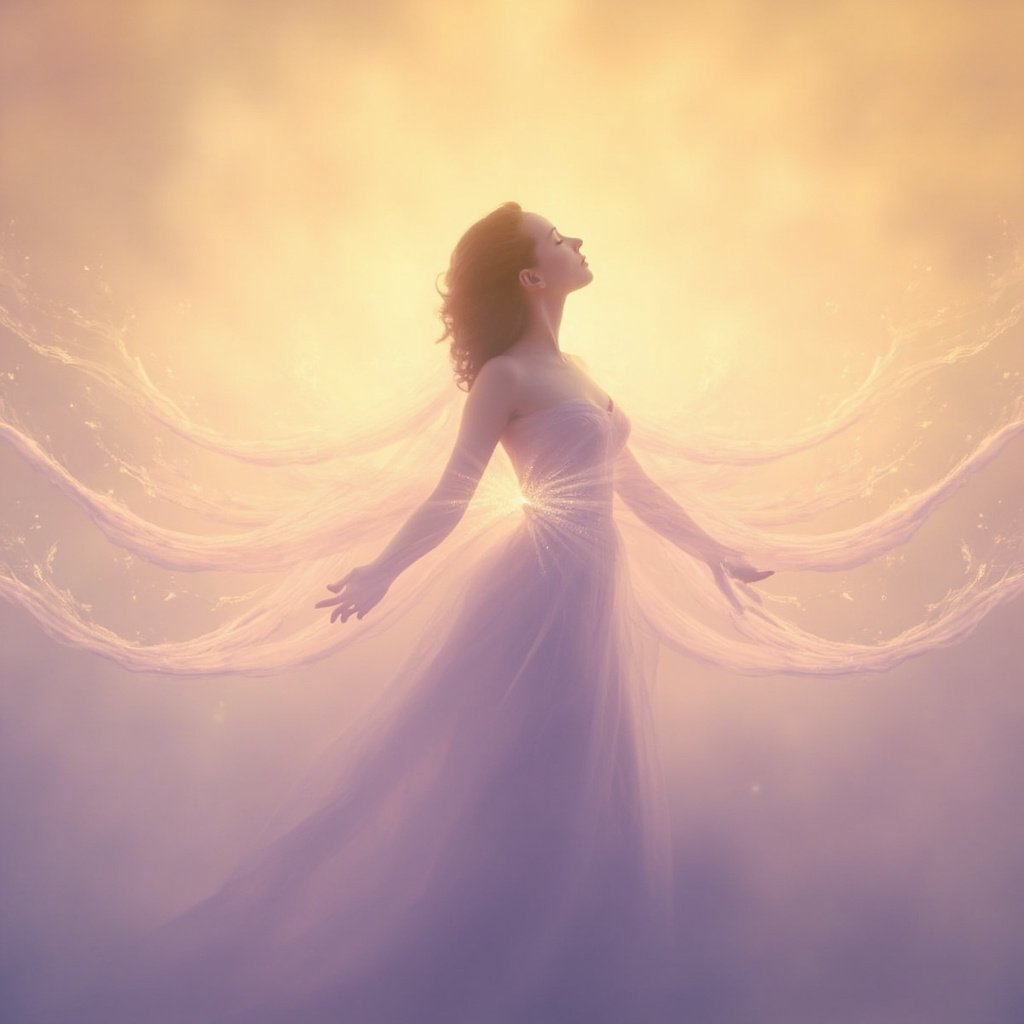 A serene, abstract representation of a woman silhouetted against a soft, glowing light, with gentle, harmonious wave patterns emanating from her center, symbolizing emotional balance and inner peace.