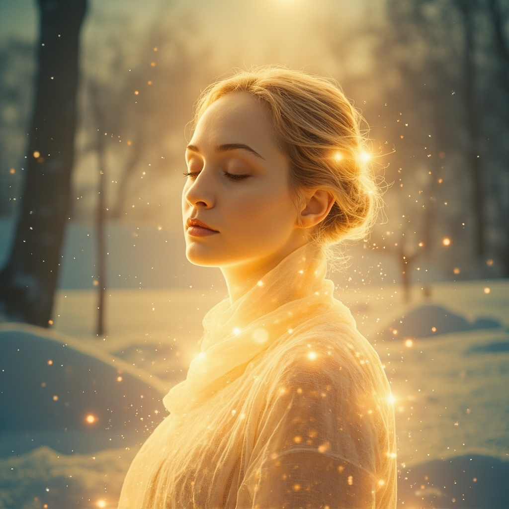 A serene, artistic representation of a person glowing with inner warmth, surrounded by soft, golden light while a gentle winter landscape fades into the background.