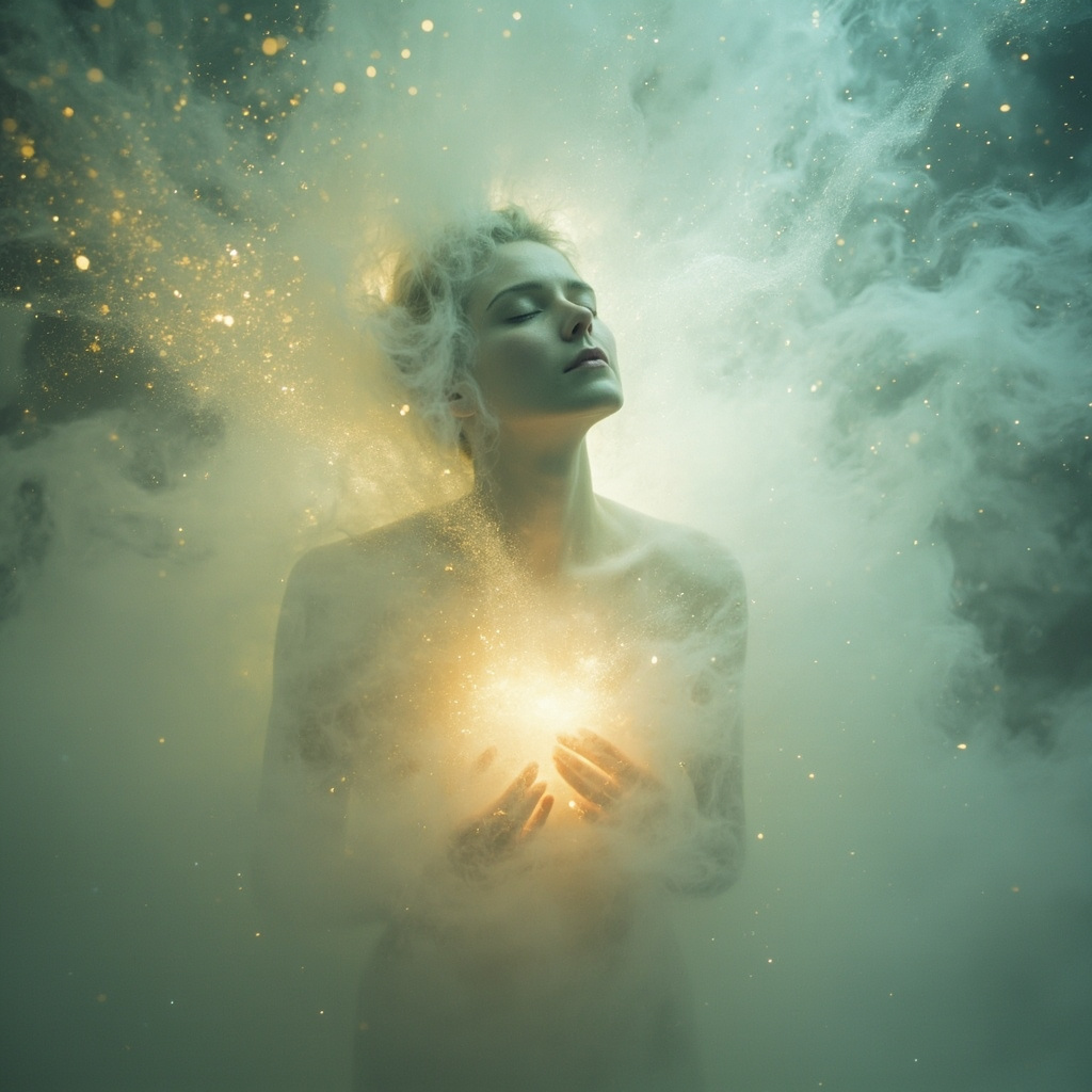 A serene, abstract representation of a person breathing deeply in a soft, glowing light, showing a harmonious connection between the chest area and the surrounding environment.