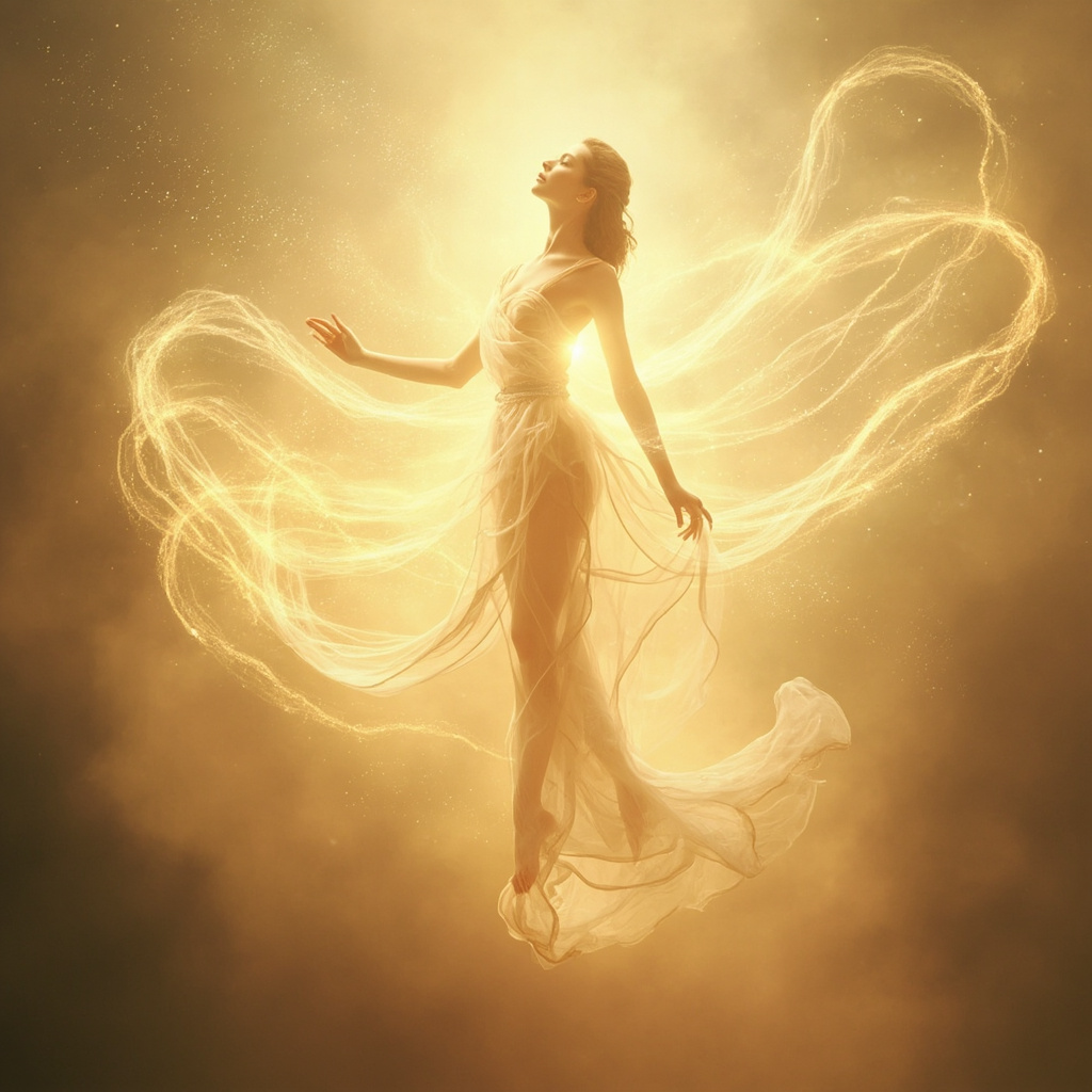 A serene, abstract representation of a woman standing in a soft, glowing light, with gentle flowing lines of energy surrounding her to symbolize balance and harmony.