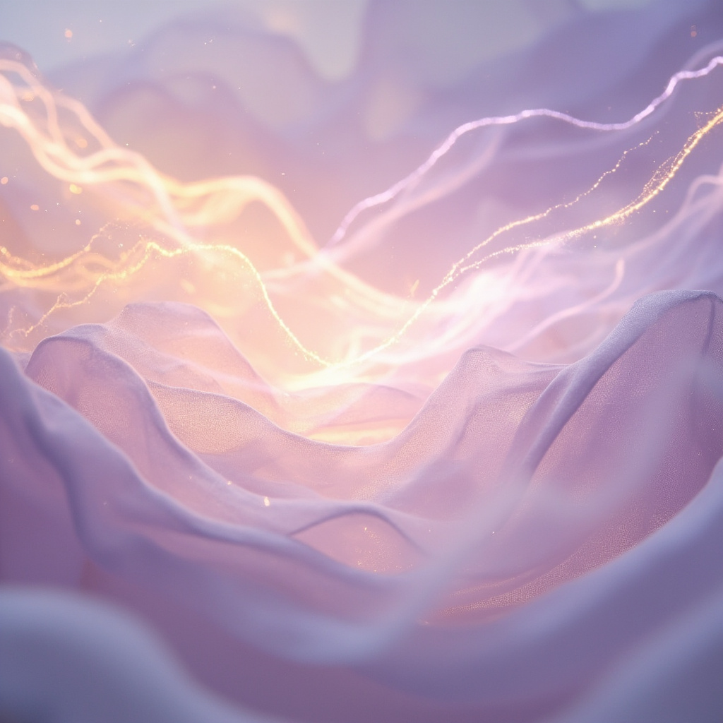A serene, abstract representation of flowing light and soft textures, symbolizing the connection between mind, skin, and calm energy, with a gentle, harmonious color palette.