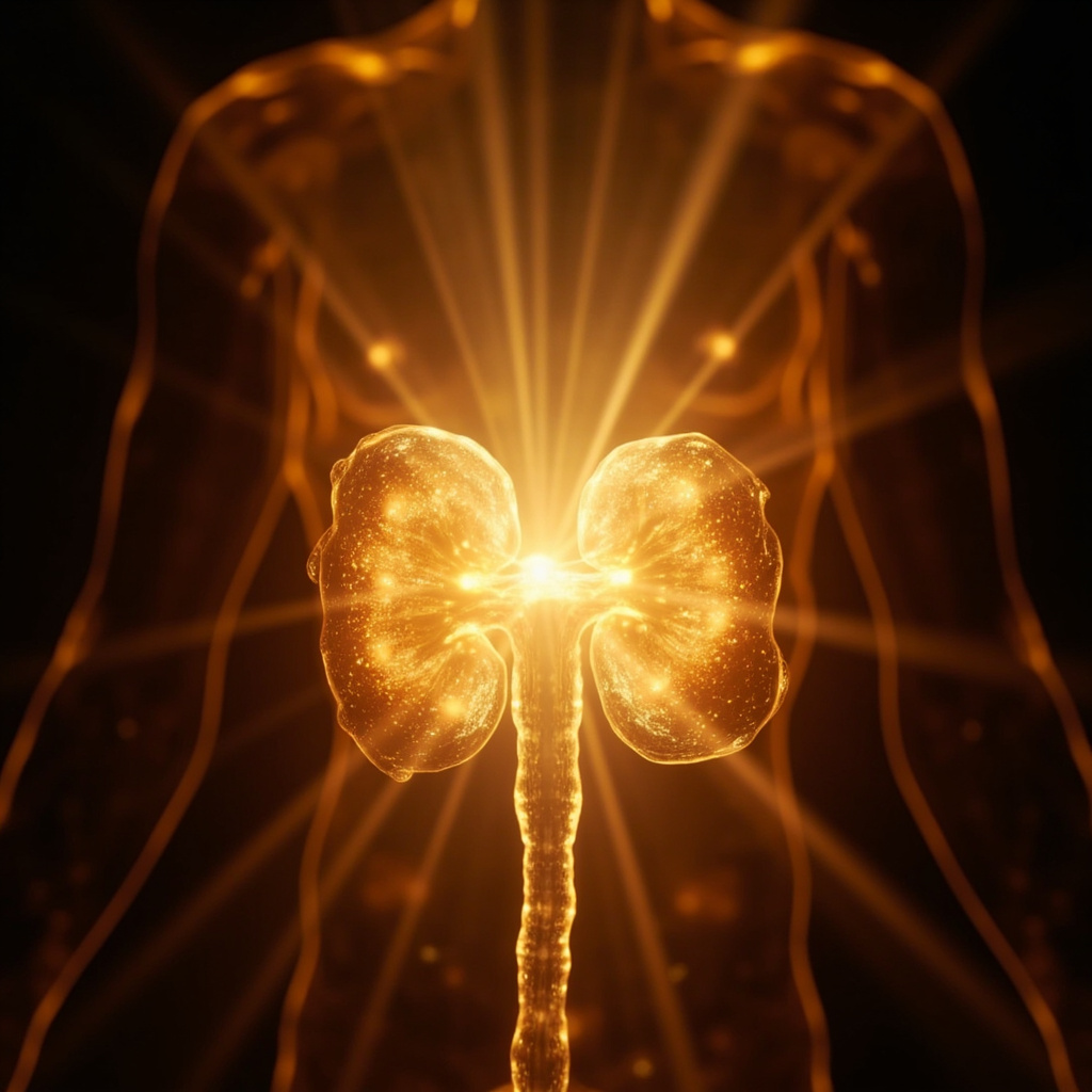 A serene, abstract artistic representation of a glowing, golden light emanating from the area of the kidneys, symbolizing inner strength and hormonal balance.
